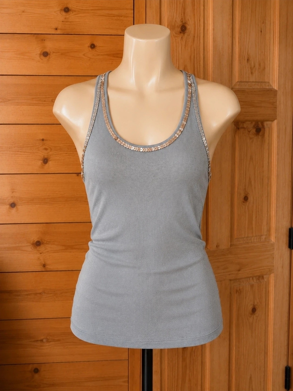 Sequin Trim Racerback Tank Top - Light Gray